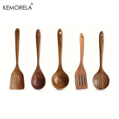 ThaiCraft™ 5-Piece Teak Wooden Kitchen Utensil Set