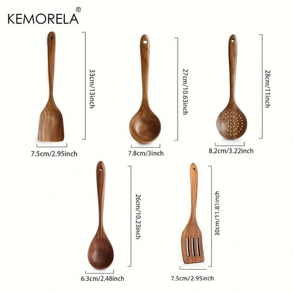 ThaiCraft™ 5-Piece Teak Wooden Kitchen Utensil Set