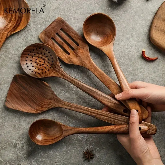 ThaiCraft™ 5-Piece Teak Wooden Kitchen Utensil Set