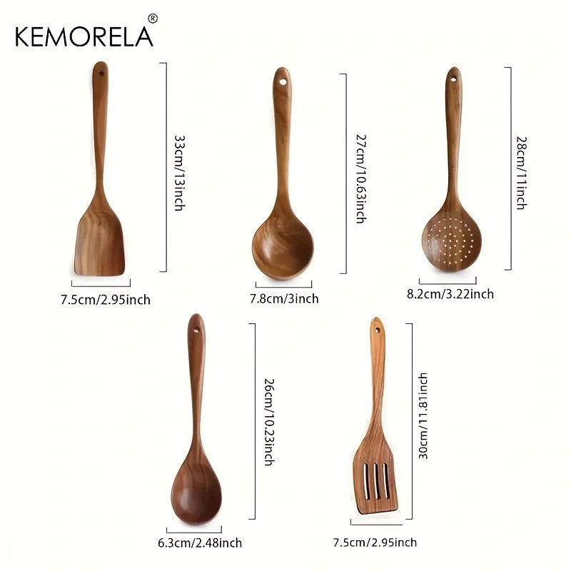 ThaiCraft™ 5-Piece Teak Wooden Kitchen Utensil Set