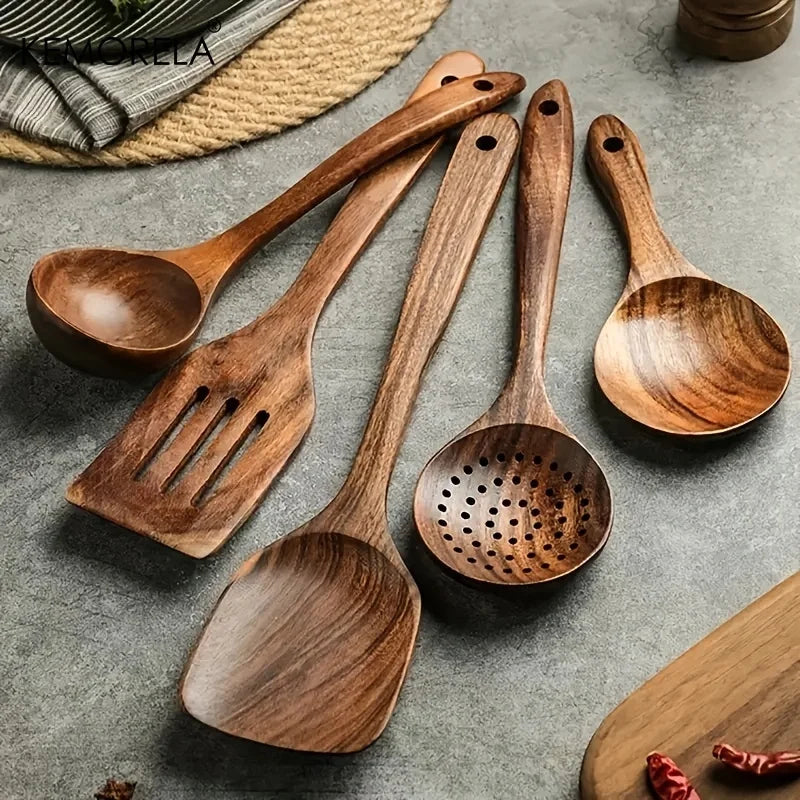 ThaiCraft™ 5-Piece Teak Wooden Kitchen Utensil Set