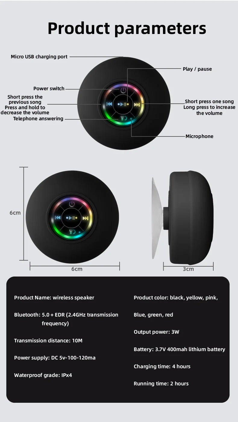 AquaSonic™ Mini Wireless Bluetooth Shower Speaker with LED Light