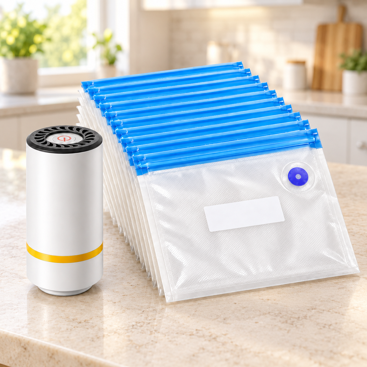 AI-generated clean kitchen illustration of the SwiftSeal handheld vacuum pump and ten small valved bags. Relative scale is illustrative.