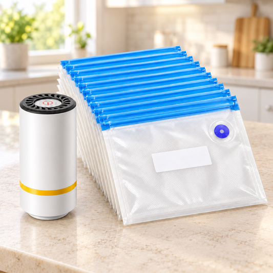 AI-generated clean kitchen illustration of the SwiftSeal handheld vacuum pump and ten small valved bags. Relative scale is illustrative.