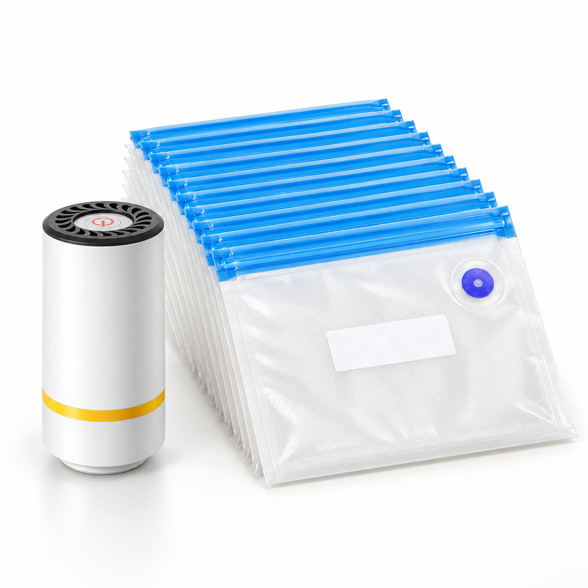 AI-generated studio illustration of the SwiftSeal handheld vacuum pump and ten small valved bags. Relative scale is illustrative.