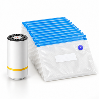 AI-generated studio illustration of the SwiftSeal handheld vacuum pump and ten small valved bags. Relative scale is illustrative.